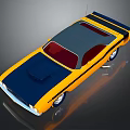 Yellow and Blue Classic Muscle Car with Red Windows and Striped Body