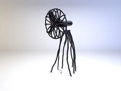 Abstract Black Metal Sculpture with Wheel Shaped Top and Tentacle Like Legs 3d model