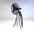 Abstract Black Metal Sculpture with Wheel Shaped Top and Tentacle Like Legs