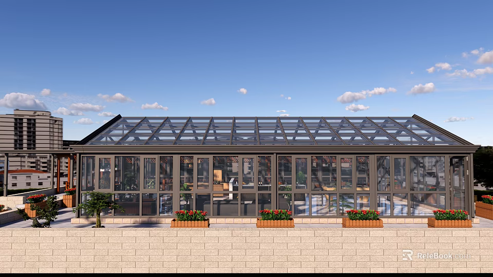 Modern Glass Roof Sunroom Featuring Brick Wall Flower Boxes Blue Sky And White Clouds 3d model 