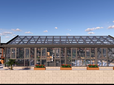 Modern Glass Roof Sunroom Featuring Brick Wall Flower Boxes Blue Sky And White Clouds 3d model