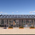 Modern Glass Roof Sunroom Featuring Brick Wall Flower Boxes Blue Sky And White Clouds