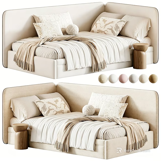 Modern Beige Sofa Bed With Striped Bedding Decorative Pillows And Side Stool 3d model 