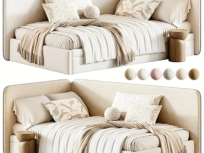 Modern Beige Sofa Bed With Striped Bedding Decorative Pillows And Side Stool 3d model
