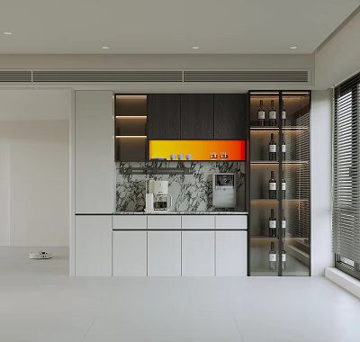 Modern Sideboard White Dark Wood Cabinetry Marble Countertop Glass Door Wine Display Lighting Strip 3d model
