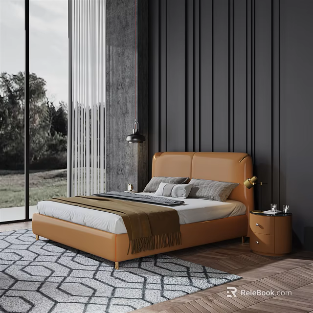 Modern Double Bed with Orange Leather Headboard Dark Vertical Striped Wall Large Window Green View 3d model 
