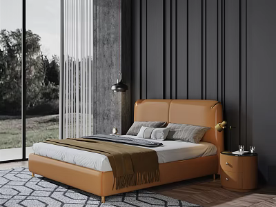 Modern Double Bed with Orange Leather Headboard Dark Vertical Striped Wall Large Window Green View 3d model