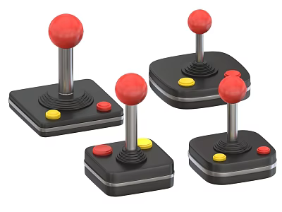 Four Industrial Control Devices with Black Base Red Joystick Knob and Yellow Red Buttons 3d model