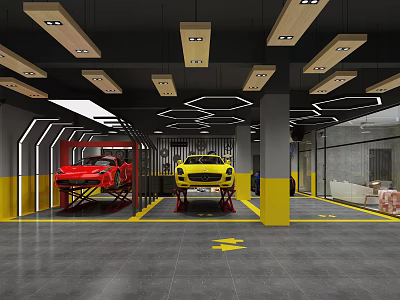 Car Dealership Service Area With Red And Yellow Cars On Lifts Yellow Floor Lines And Ceiling Lighting 3d model