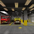 Car Dealership Service Area With Red And Yellow Cars On Lifts Yellow Floor Lines And Ceiling Lighting