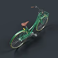 Green Vintage Bicycle With Brown Seat Front Basket And Gold Wheels