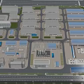 Aerial View Of Industrial Factory Area With Multiple Buildings And Blue Roofs