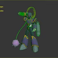 Purple Armored Robot Character Holding Blaster With Orange Cables And Glowing Pink Sphere Creature