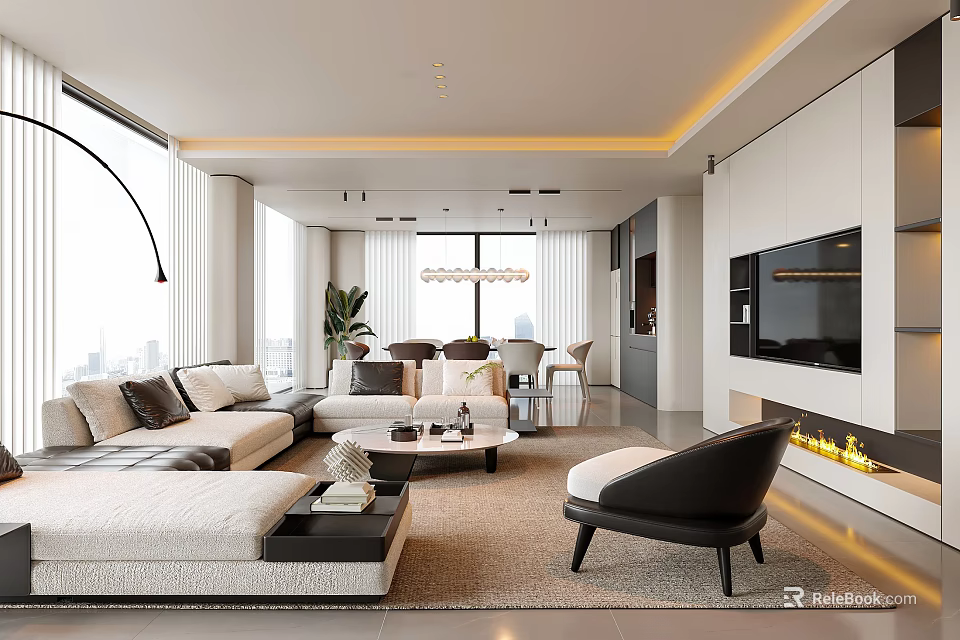 Modern Living Dining Room Interior With Floor to Ceiling Windows Sofa Dining Table And Fireplace 3d model