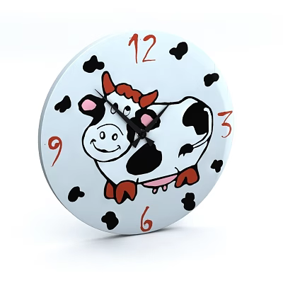 Round Wall Clock with Cartoon Cow Design Smiling Face Black Spots Red Ears and Numbers 12 3 6 9 3d model
