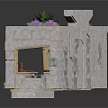 Detailed Stone Architectural Model With Steps Entrance And Top Purple Flowers