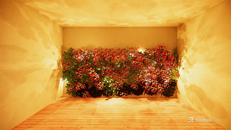 Living Plant Wall With Red Flowers And Lighting On Wooden Floor In Yellow Room 3d model 