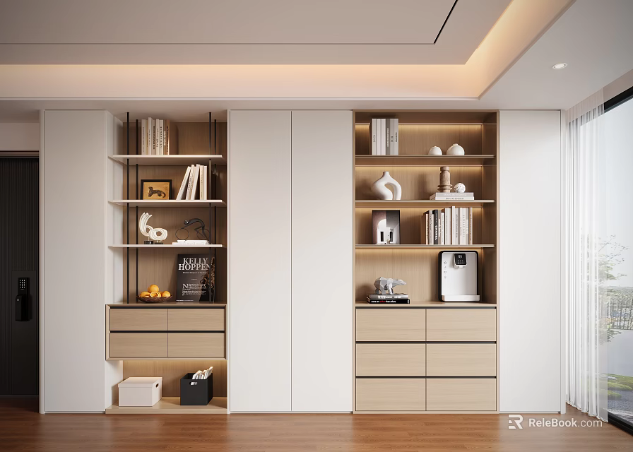 Modern Light Colored Decorative Cabinet With Shelves Drawers Books Coffee Machine And Decorative Items 3d model 