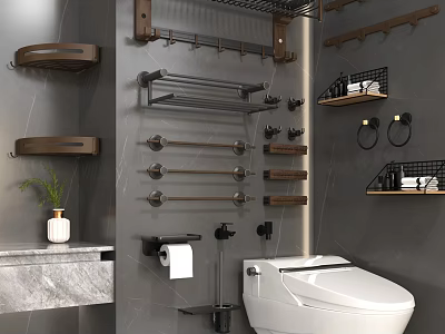Modern Bathroom Set With Wall Mounted Towel Racks Shelves Toilet And Marble Vanity 3d model