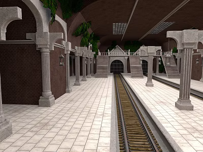 Subway Station Platform With Tracks Columns Arched Structures And Green Plants 3d model