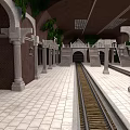 Subway Station Platform With Tracks Columns Arched Structures And Green Plants 3d model