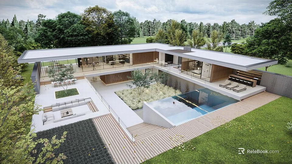 Modern Single Family House Exterior With Courtyard Swimming Pool Terrace And Greenery 3d model 