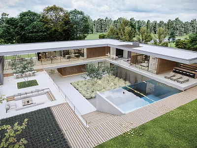 Modern Single Family House Exterior With Courtyard Swimming Pool Terrace And Greenery 3d model