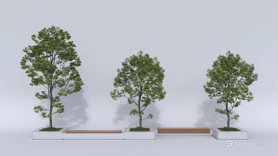 Modern Tree Planters With Green Trees Wooden Base And Gray Wall Background 3d model