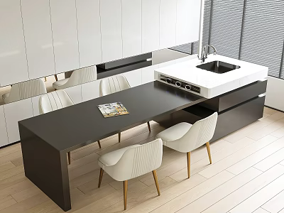 Modern Dining Table Set With Black Tabletop White Chairs And Gold Legs In Kitchen 3d model