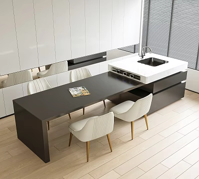 Modern Dining Table Set With Black Tabletop White Chairs And Gold Legs In Kitchen 3d model