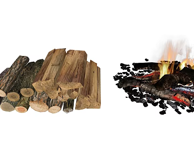 Natural Wood Logs Stacked Neatly With Burning Stones In Warm Campfire 3d model