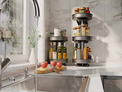 Spice Bottles on Rotating Rack for Modern Kitchen Countertop with Fresh Tomatoes and Cutting Board 3d model
