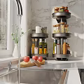 Spice Bottles on Rotating Rack for Modern Kitchen Countertop with Fresh Tomatoes and Cutting Board