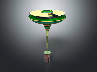 Futuristic Architectural Structure With Colorful Circular Disk Shaped Top And Tiered Support Column 3d model