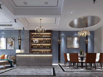 Elegant Modern Living And Dining Room Interior With Chandelier Wine Rack Sofa And Dining Table 3d model