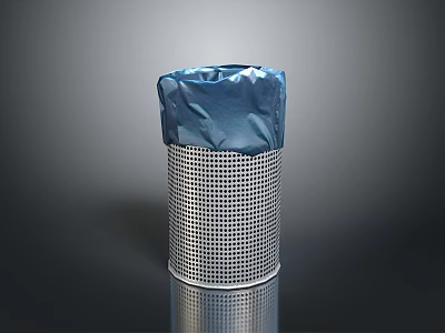 Silver Perforated Metal Trash Can With Blue Trash Bag Liner 3d model