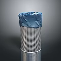 Silver Perforated Metal Trash Can With Blue Trash Bag Liner