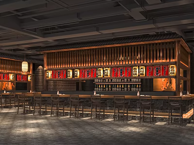 Traditional Restaurant Interior With Wooden Bar Counter And Hanging Lanterns 3d model