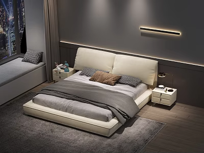 Modern Double Bed with Upholstered Headboard Gray Bedding Nightstand Strip Light and City Night View 3d model