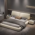Modern Double Bed with Upholstered Headboard Gray Bedding Nightstand Strip Light and City Night View
