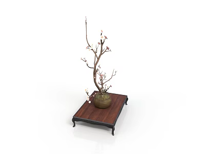 Decorative Vase with Branches and Pink Flowers on Dark Wooden Tray Home Decor Accent 3d model