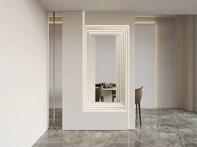 Modern Room Divider With Lighted Mirror Frame Reflected Dining Table Chairs And Marble Floor 3d model