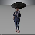 Woman in Blue Coat With Scarf Holding Black Umbrella and Pink Boots on Gray Background