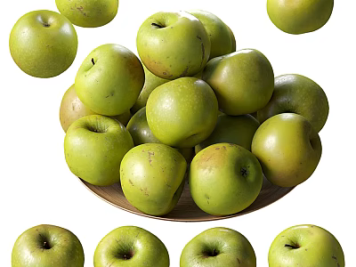 Pile of Fresh Green Apples on a Plate with Scattered Ones Around 3d model