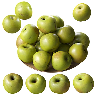 Pile of Fresh Green Apples on a Plate with Scattered Ones Around 3d model