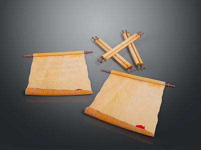 Vintage Scroll Furniture With Yellow Paper And Red Seal Accents 3d model
