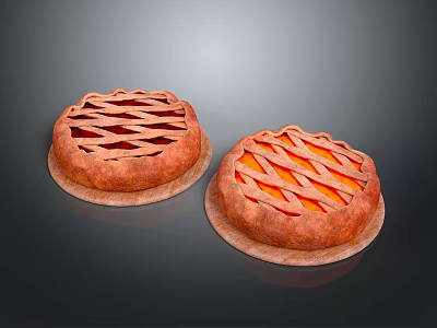 Two Golden Pies With Lattice Crust Placed On Brown Plates Against Dark Background 3d model