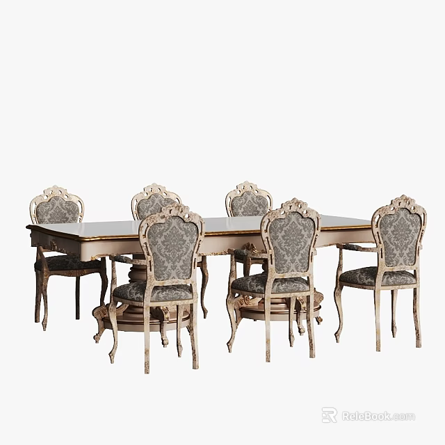 Classic Dining Table Set With Six Patterned Chairs And Carved Wooden Legs 3d model