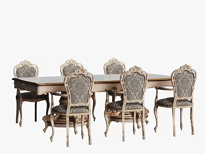 Classic Dining Table Set With Six Patterned Chairs And Carved Wooden Legs 3d model