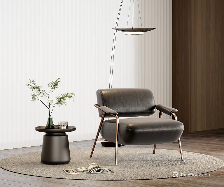 Modern Interior Leather Single Sofa With Metal Legs Round Side Table Green Plant Hanging Lamp 3d model 